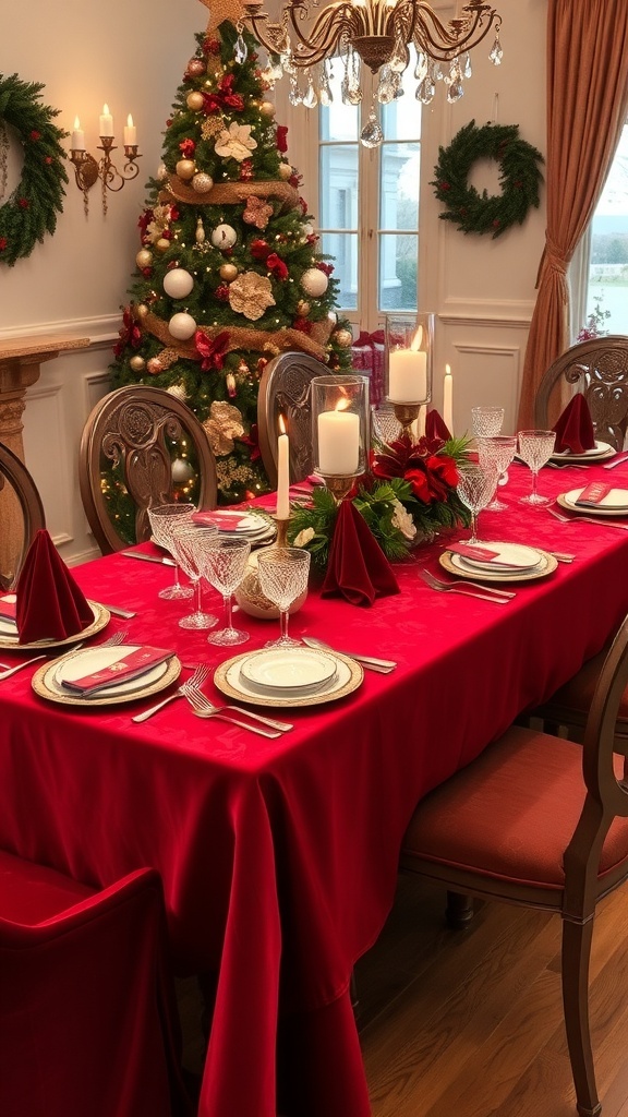Elegant Velvet Christmas Table Settings Elegant Christmas table setting with velvet accents, dinnerware, and festive decorations.